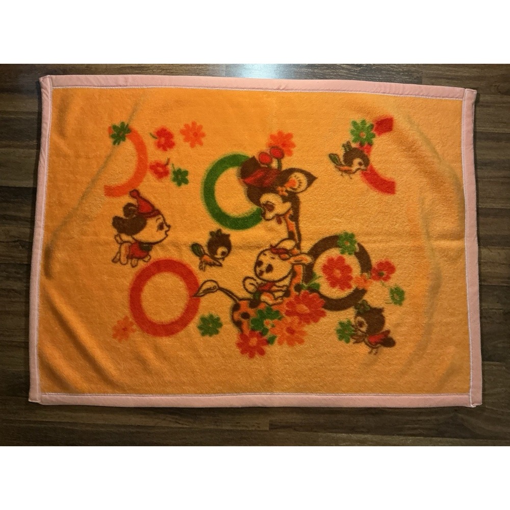 VTG Orange Plush Baby Blanket Light Pink Border Animals & Flowers 32in 44in